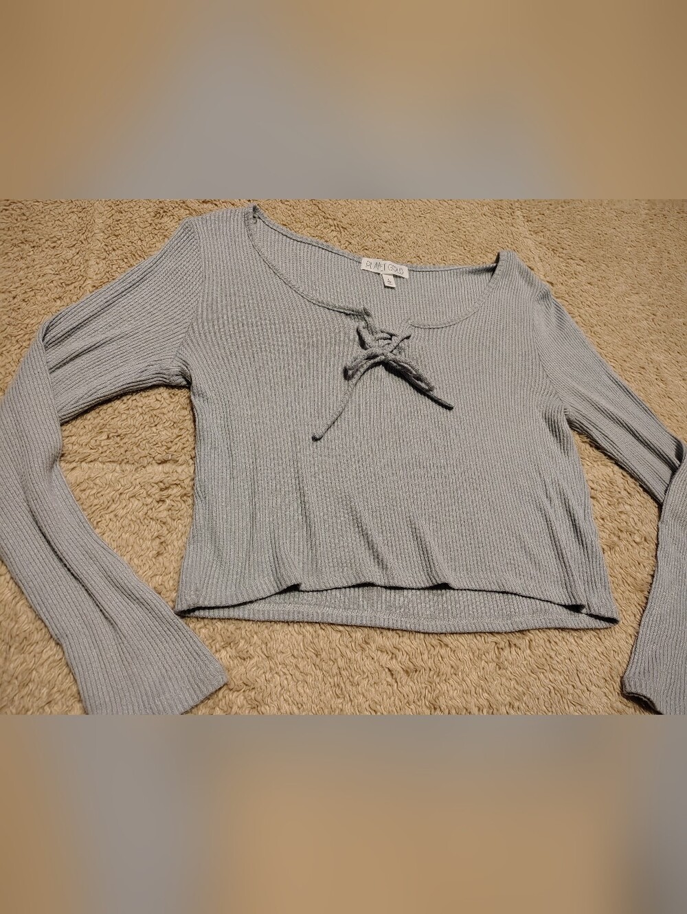 Planet Gold Crop Baby Doll 90's Long Sleeve Sweater Top Grey Knit Comfy Size Lrg